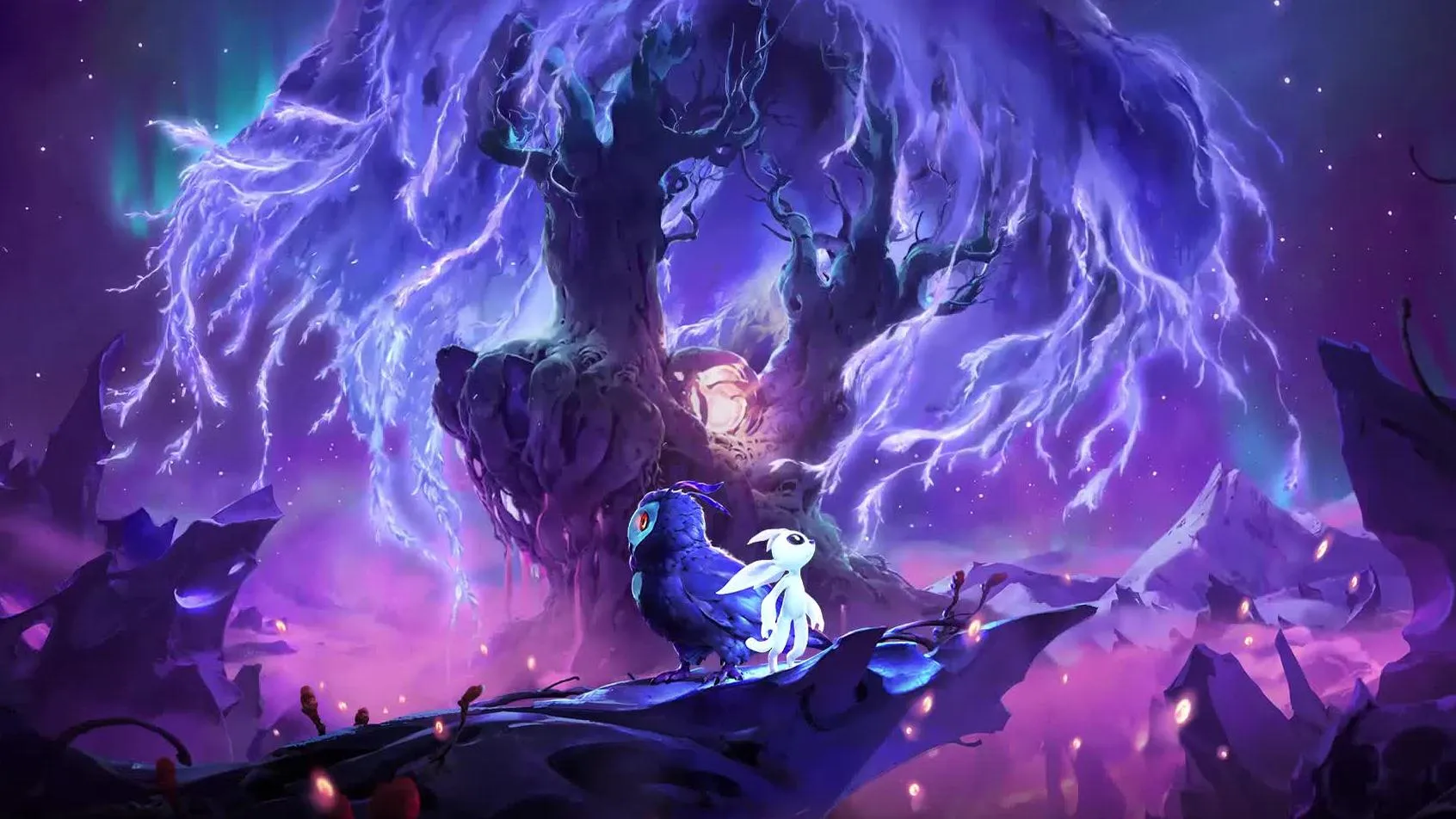 A vibrant, magical forest scene from the game Ori and the Will of the Wisps.